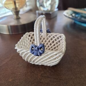 Vintage Porcelain Basket With Blue Bows Made In Spain